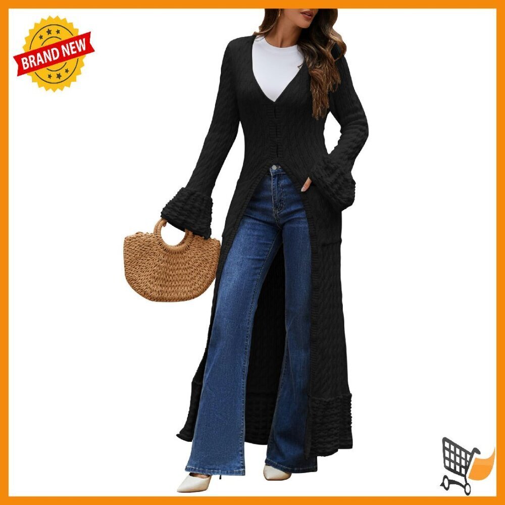 Chunky Cable Knit Maxi Cardigan Bell Sleeves Pockets Warm Winter Sweater